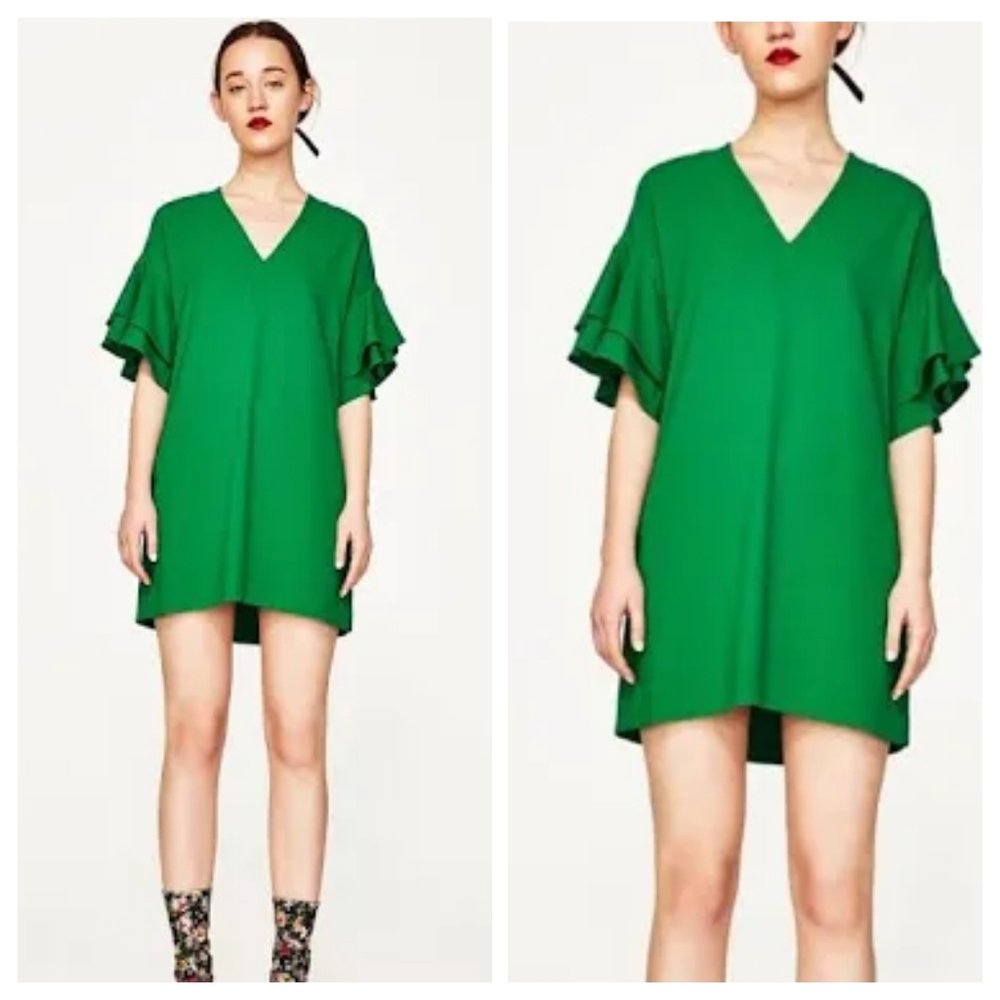 ZARA Woman Flutter Sleeves Relaxed Babydoll V-Cut Neckline Shift Dress